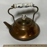 Vintage Copper Teapot with White & Blue Porcelain Handles