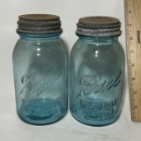 Pair of Blue Ball Glass Perfect Mason Jars with Original Zinc Lids