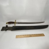 Vintage Sword with Wood & Brass Handle & Leather Sheath