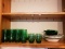 Cabinet Lot of Green Glasses and Assorted Dishes