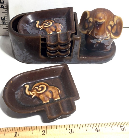 Vintage Elephant Trunk Up Ashtray Set