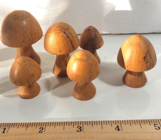 Vintage Handmade Miniature Wooden Mushroom Family