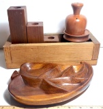 Gorgeous Lot of Handmade Wooden Items: Candle Holders, Tray and Box