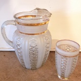 Vintage Pitcher and Matching Glass with Gilt Trim
