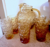 Vintage Amber Lemonade Pitcher Set with 5 Matching Glasses