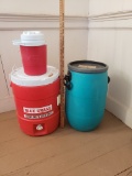 Pair of Coolers and Plastic Barrel