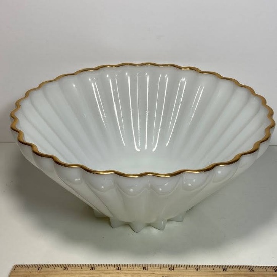 Pretty Large Scalloped Milk Glass Bowl with Gilt Edge