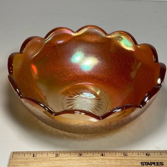 Pretty Vintage Scalloped Edge Iridescent Marigold Carnival Glass Bowl