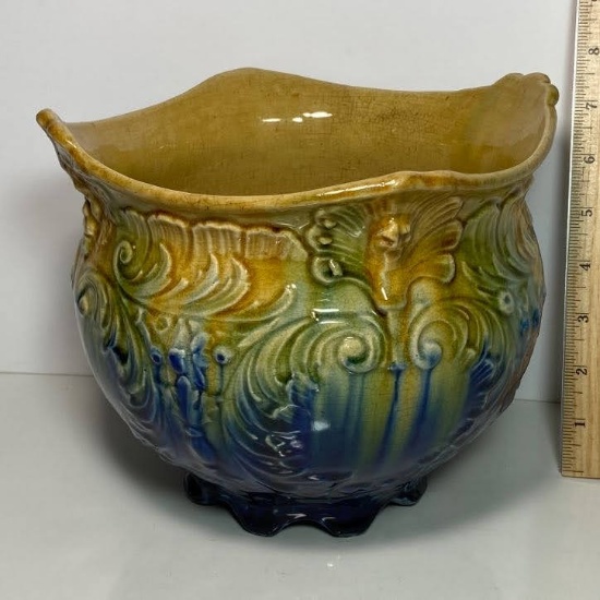 Nice Embossed Glazed Pottery Jardiniere w/ Lion Heads