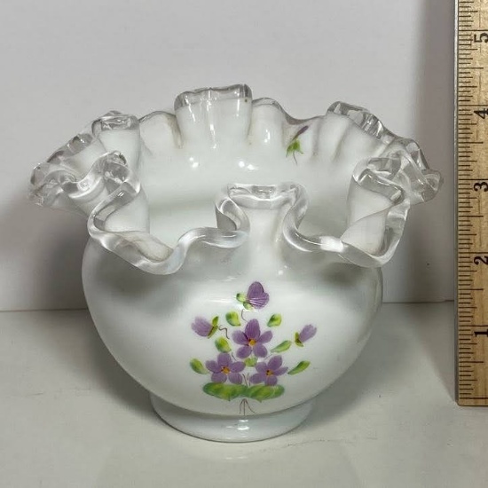 Beautiful Signed Fenton Cased Glass Ruffled Edge Dish w/ Hand Painted Lavender Floral Design