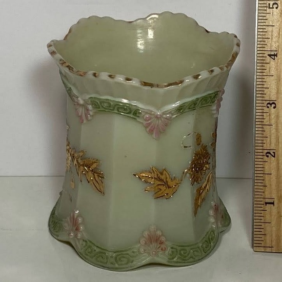 Nice Vintage Signed Northwood Vase with Embossed Gilt Leaf Design