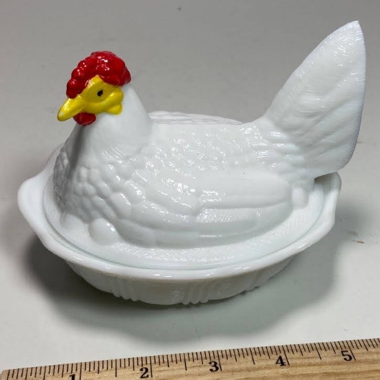 Awesome Signed Fenton “Hen on a Nest” Milk Glass Dish