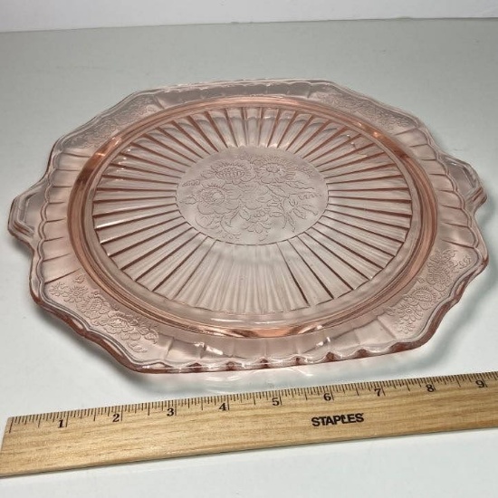 Pink Depression Footed Embossed Floral Glass Cake Plate