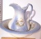 Vintage Ceramic Blue and White Geese Design Washbowl And Pitcher