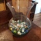 Glass Vase Containing Vintage Marbles and Blue Glass Marbles