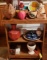 Rolling Storage Shelf With Some Great Contents, Enamel Bowl, Avon Items, Planters and More