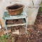 Vintage 2-Tier Metal Shelf with Large Cast Iron Pot 