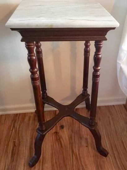 Dark Wood Plant Stand with Marble Top