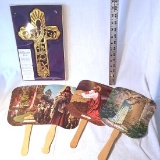 Lot of Vintage Religious Advertisement Paper Fans and Gold Tone Cross