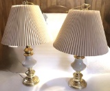 Matching Pair of Brass and White Table Lamps with Pleated Shades