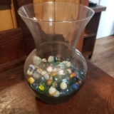 Glass Vase Containing Vintage Marbles and Blue Glass Marbles