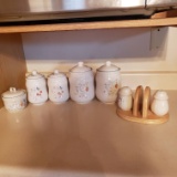 International Tableworks Stoneware “Marmalade “ Canisters, Sugar Bowl, Salt and Pepper