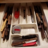 Contents of Kitchen Drawer, Knives, Biscuit Cutter, Ice Pick