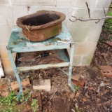 Vintage 2-Tier Metal Shelf with Large Cast Iron Pot 