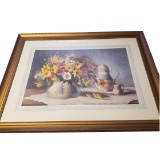 Framed & Matted Print, Blue and White Pottery with Yellow Flowers