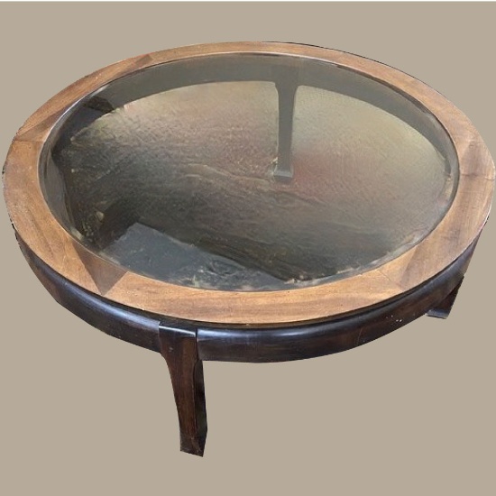 Round Wooden Coffee Table with Glass Top
