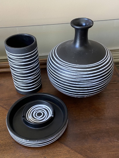 3 Pc Haeger USA Pottery Set Black with White Stripes