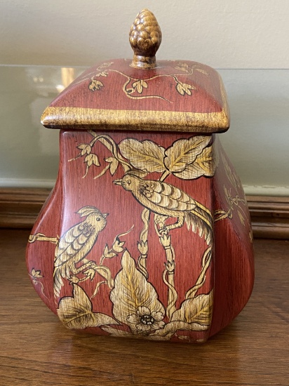 Pretty Lidded Pottery Urn with Bird Design