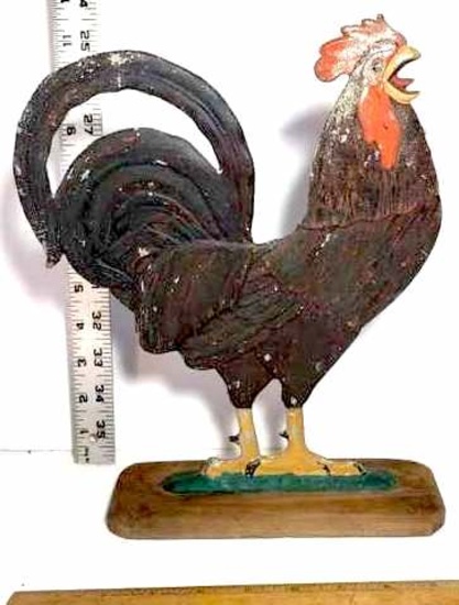 Thin Cast Iron Crowing Rooster Figure on Wood Base