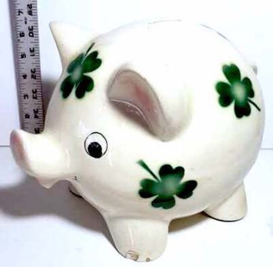 Goebel West Germany Hand Painted Porcelain Piggy Bank with Shamrocks