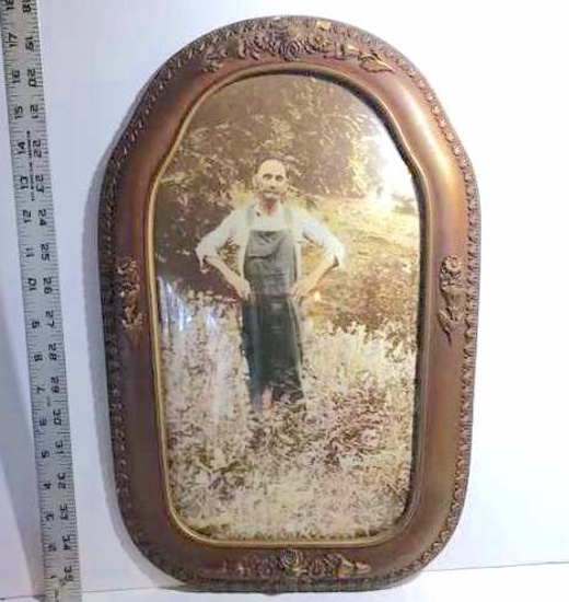 Antique Photograph in Ornately Carved Wooden Picture Frame with Bubble Glass Front