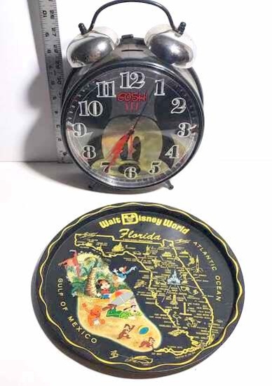 Large Disney Mickey Mouse Battery Operated Clock and Vintage Disney World Tin Tray