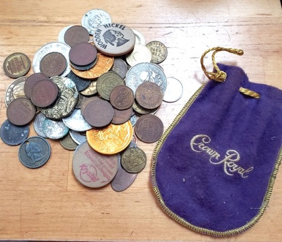 Small Crown Royal Bag Filled with Miscellaneous Tokens and Coins