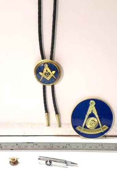 Lot of Masonic Items, Tie Tack, Mini Pen, Bolo and Peel-N-Stick Decal