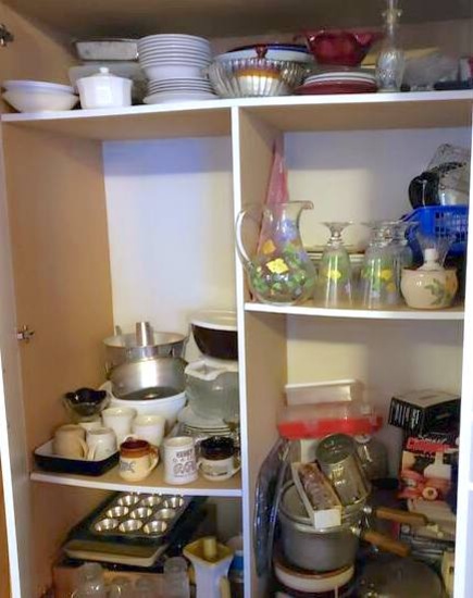 Huge Cabinet Lot of Kitchen Items, Mixed Dishes, Glasses, Cake Pans, Etc.