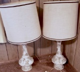 Vintage Matching Pair of Ceramic Table Lamps, Rose Embellishments 