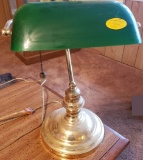 Brass Banker Style Lamp with Green Hand Blown Glass Globe