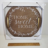 New in Box Round Wood Rustic Tray with Handles “Home Set Home”