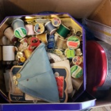 Box Lot of Sewing Items, Buttons, Thread, Yarn