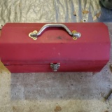 Red Metal Tool Box Containing Miscellaneous Items
