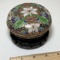 Pretty Enamel & Brass Floral Trinket Box on Carved Wood Base