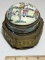 Ornately Decorated Brass Trinket Box with Hand Painted Oriental Scene on Porcelain Top