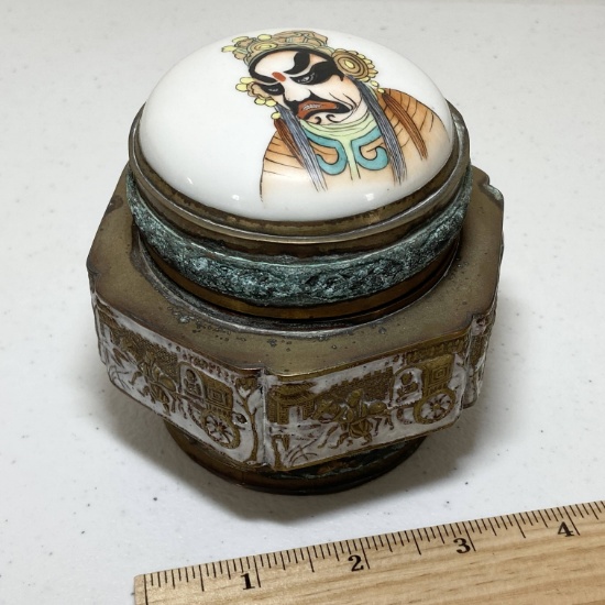 Nice Etched Brass Trinket Box with Porcelain Hand Painted Top