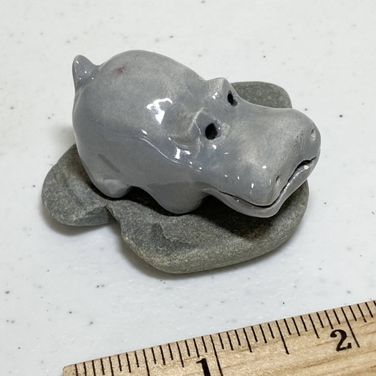 Hand Crafted Hippo Figurine on Stone by Calmarlow Crafts