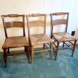 Set of 3 Vintage Wooden Chairs with Rush Seats - 1 Bare Wood