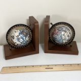 Pair of Globe Bookends on Wood Made in Japan
